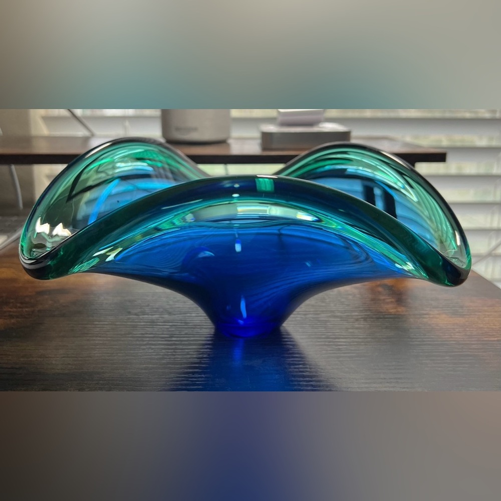 Vintage Murano Sargasso Style Blue Teal Rim Wave Bowl